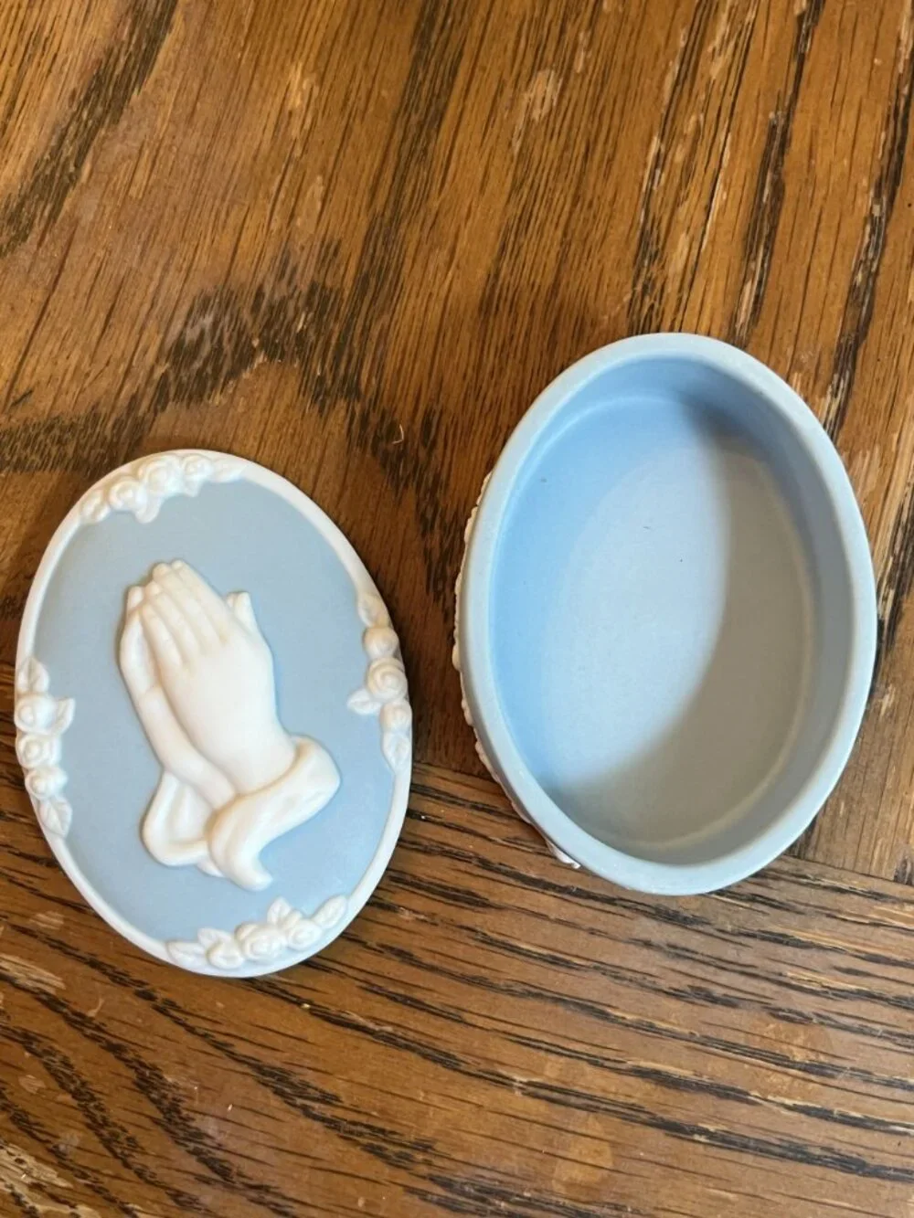 JCM Praying Hands Light Blue & White Oval Lidded Trinket Box With Floral Detail